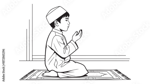 Line Art Sketch of Muslim Boy Praying on Mat in Simple Style