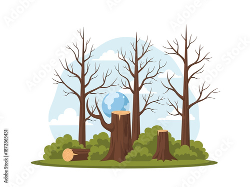 Deforestation Impact Illustration of Dead Trees, Stumps, and a Damaged Earth Depiction