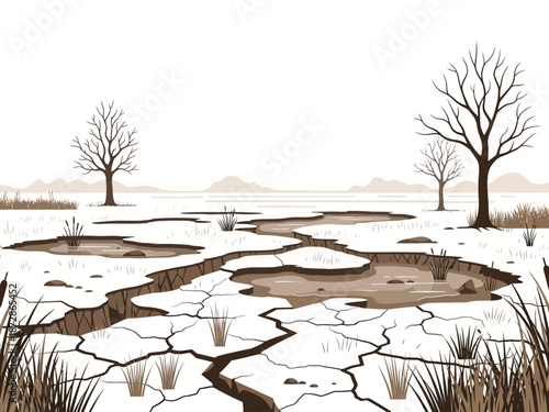Dry cracked earth landscape with barren trees under a bleak sky in a desolate environment