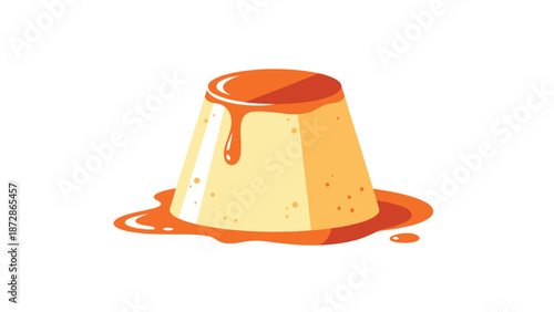 Delicious caramel pudding or custard dessert known as flan with golden syrup topping dripping down the sides in a flat food illustration.