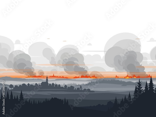 Wildfire devastation A smoky landscape depicting fire and destruction across hills and town