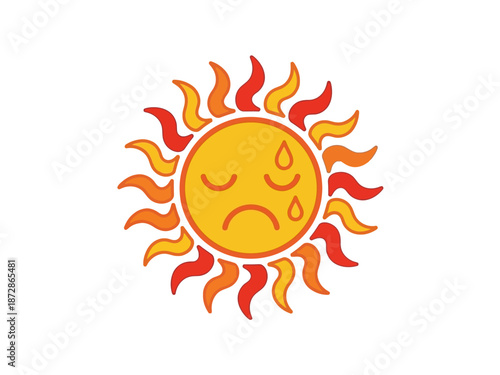 Illustration of a sad, sweating sun, representing heat and discomfort. Perfect for weather graphics