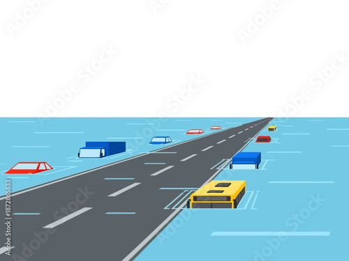Flooded Highway A Digital Illustration of Vehicles Navigating Rising Waters and Environmental Concerns