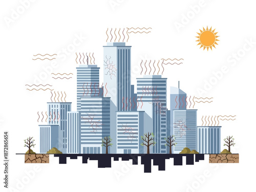 Urban Heat Island Effect Depicting Elevated Temperatures in a City Landscape with Steam