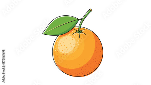 Fresh and juicy whole orange fruit with its green stem and a single leaf in a vibrant color illustration for citrus and healthy food themes.