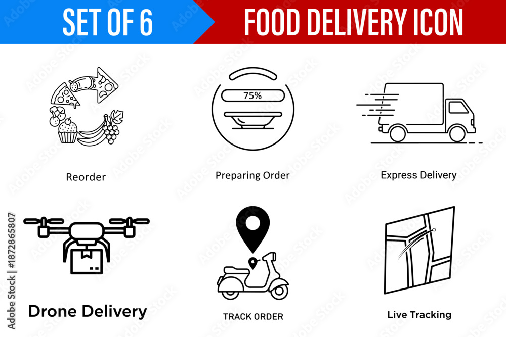 Fototapeta premium Minimalist and Clear Food Delivery Icon Set for Digital Interfaces featuring Line Art Illustrations for Tracking and Express Shipping