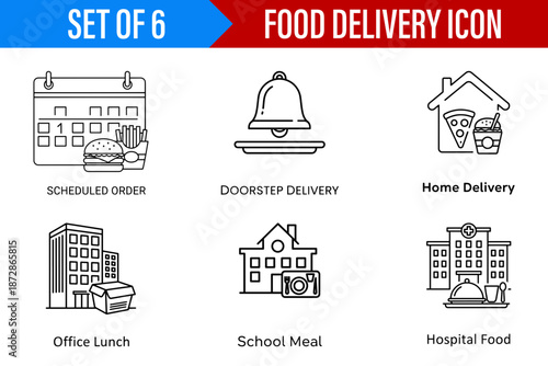 Informative set of six food delivery icons in minimalist line art style. This vector graphic illustrates various delivery scenarios from home to hospital.