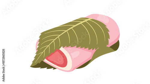 Traditional Japanese sakura mochi dessert made of pink rice cake filled with red bean paste and wrapped in a salted cherry blossom leaf.