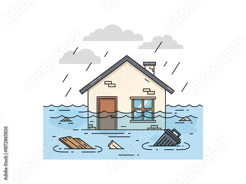Illustration of a house submerged in floodwaters, highlighting the impact of natural disasters