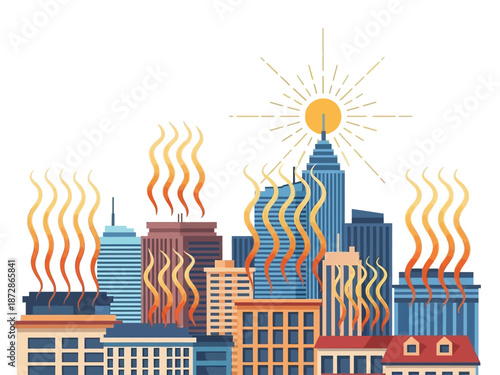Heatwave's Impact A Visual Depiction of Overheated Buildings and the Sun's Intensity