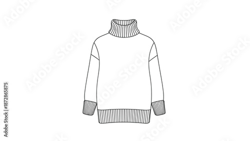 Women's cozy turtleneck sweater with long sleeves and ribbed cuffs and hem shown in a fashion technical sketch for clothing design.