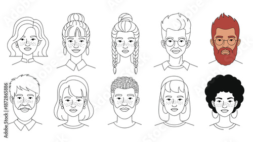Collection of ten diverse male and female face avatars with different hairstyles and ethnicities in a clean outline style for social media.