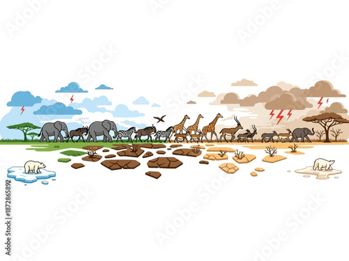 Climate Change Impact Wildlife Adaptation and Shifting Habitats Depicted in a Colorful Illustration