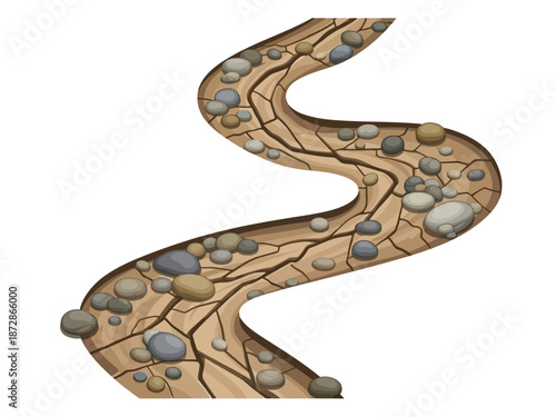 Illustration of a dry riverbed with pebbles, showcasing water scarcity and environmental concerns