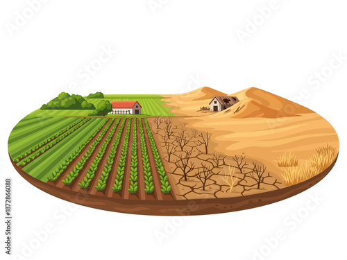 Contrasting landscapes Lush farmland vs. arid desert - A visual representation of climate change