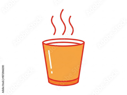 A steaming hot cup of orange liquid in a simple red outlined glass on a white