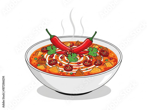 A steaming bowl of spicy chili con carne with red peppers and herbs