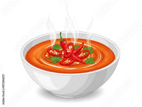 A steaming bowl of spicy red chili soup with sliced red peppers and herbs