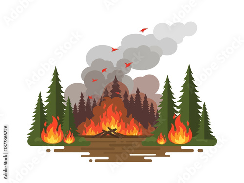 Wildfire in Forest A Threat to Nature and Ecosystems with Flames, Smoke, and Danger