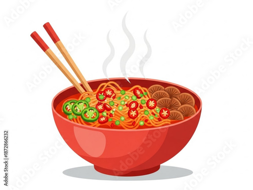 A steaming bowl of noodles with sliced jalapenos and mushrooms served