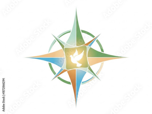 A colorful starburst design with a white dove in the center on a white