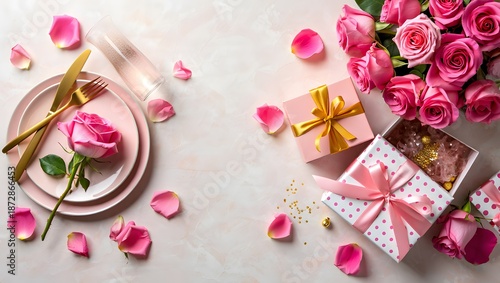 Elegant Valentines Day table setting with pink plates gold cutlery gift boxes and roses