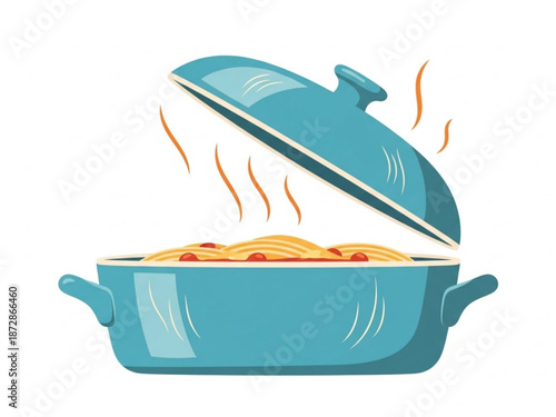 Steaming pot of spaghetti in a blue dish with lid slightly open