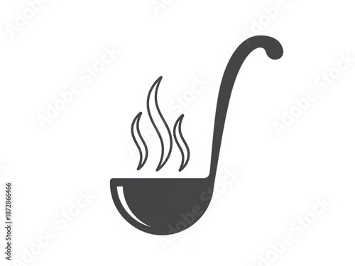 A black icon of a steaming hot ladle with smoke rising from it on a white