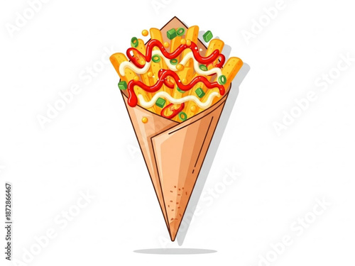 A delicious serving of french fries in a cone topped with melted cheese sauce