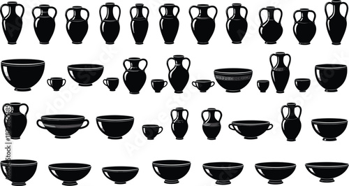 Ancient pottery and ceramic vessels silhouette collection featuring amphorae, bowls, cups, and jars, classical Greek and Roman pottery shapes for archaeology, history, and design projects