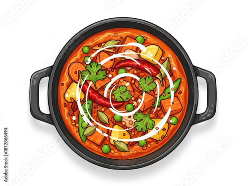 Delicious vegetable stew with creamy swirl in black pot overhead view