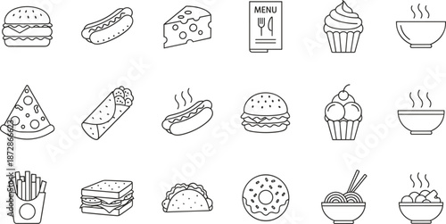 Minimal outline food icons set featuring burgers, pizza, hot dogs, desserts, and snacks, modern line art collection for restaurant menus, apps, and UI design