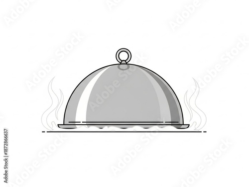 A silver cloche with steam rising from underneath on a plain background