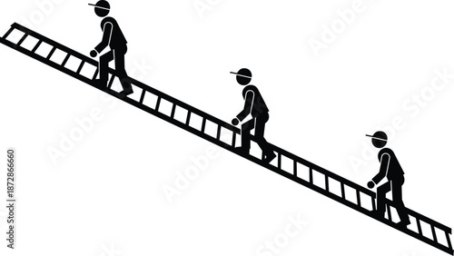 Silhouette illustration of workers climbing ladder together, teamwork, progress, career growth, leadership, and success concept for business motivation and professional development design