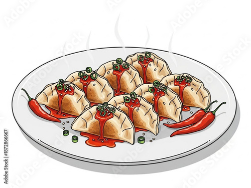 Steaming plate of spicy dumplings with red chili peppers and garnish