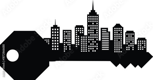 City skyline shaped key silhouette symbolizing real estate access, urban living, property ownership, housing security, and modern city life concept for business and architecture design