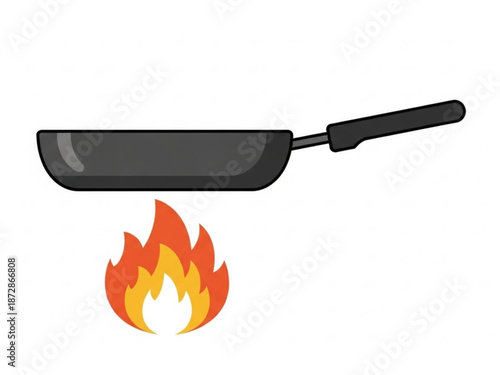 A black frying pan with handle on fire with flames burning underneath
