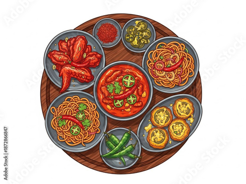 Assorted spicy food dishes on a wooden platter with various peppers