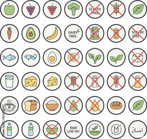 Detailed collection of food and allergy icons with dietary restriction symbols for health applications
