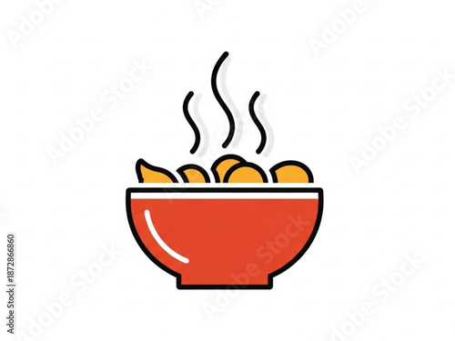 Steaming bowl of soup with golden dumplings in a red ceramic bowl