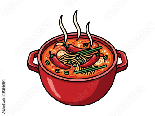 A steaming hot pot of spicy noodle soup with red chili peppers and green