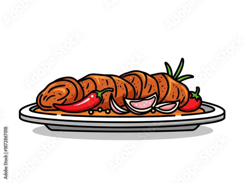 A plate of savory grilled sausages with sliced onions and hot peppers