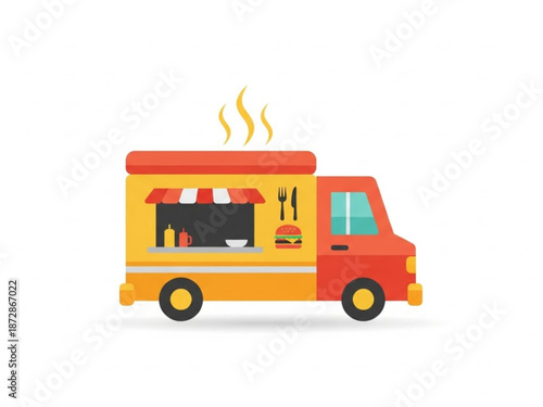 Vibrant yellow and red food truck with red white striped awning serving hot