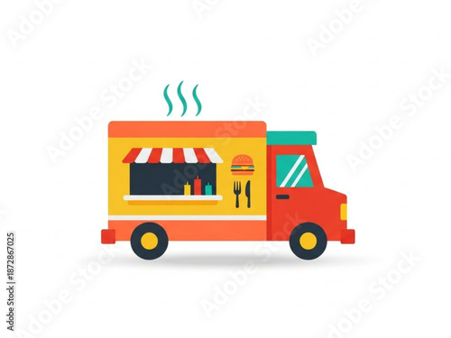 Colorful food truck with burger and condiments displayed on a bright sunny day
