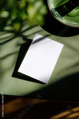 Blank 5x7 Invitation Card Mockup on Green Fabric Chair