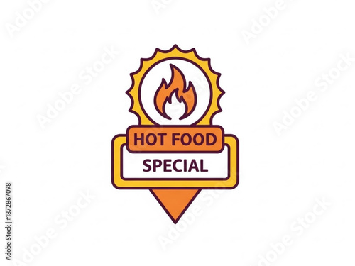 Vibrant hot food special badge with flame icon and bold text for promotional