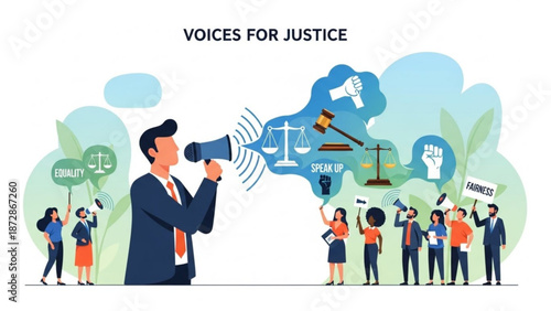 Man with megaphone speaking for justice diverse crowd holding signs concept of activism and social change vector illustration