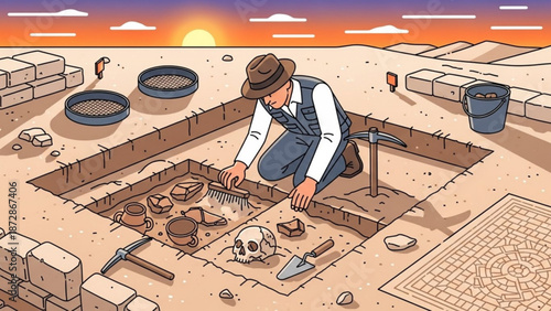 Archaeologist unearthing ancient artifacts and skull in desert excavation site concept of discovery and history vector illustration