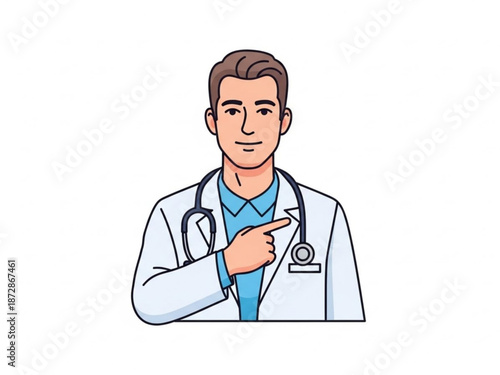 Confident male doctor in white coat pointing forward with stethoscope around
