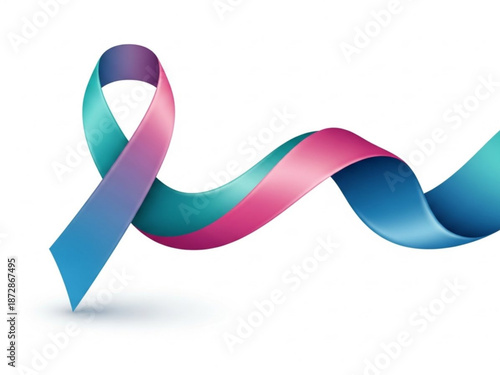 A colorful pink blue and purple ribbon curls and twists on a white background